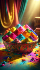 Fototapeta na wymiar A brightly colored depiction of the Holi festival with traditional Indian gulal powders in a handcrafted bowl, symbolizing joy and cultural heritage.