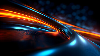 Fototapeta na wymiar Blue and orange modern light tail waves and lines on black background, futuristic neon glowing light design