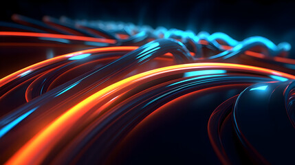 Blue and orange modern light tail waves and lines on black background, futuristic neon glowing light design