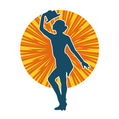 Silhouette of a female cabaret dancer in action pose. Silhouette of a fancy outfit woman dancing happily.