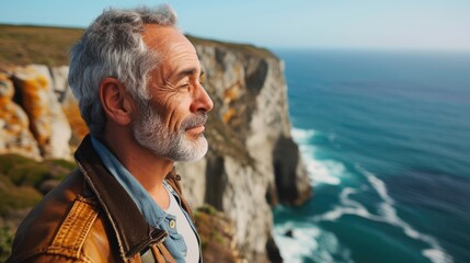 A man in his 50s standing on a cliff overlooking the ocean contemplating taking a leap of faith in...