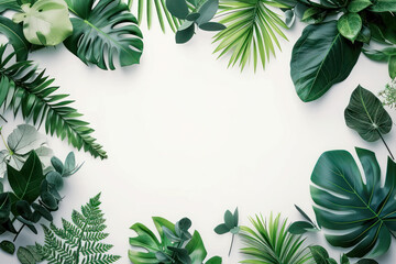 Top view tropical green leaves frame border on white background, Flat lay Minimal fashion summer holiday vacation concept - obrazy, fototapety, plakaty