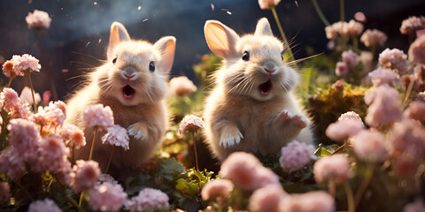 Fluffy baby rabbits playing in the meadow, celebrating springtime Cute and funny rabbits look into the camera lens. animal world. 