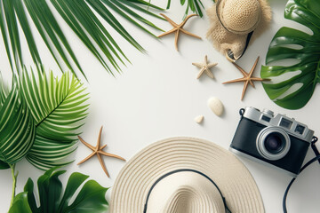 Top view summer holiday background, Camera, Hat, sunglass, seashell, and tropical palm tree leaves on white background, Flat lay Minimal fashion summer holiday vacation concept