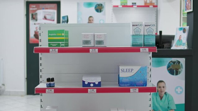 Empty drugstore shelves filled with medical supplies and pills, to sell prescription medicine or treatment to customers. Pharmacy store with medication and vitamins, painkillers and nutrients.