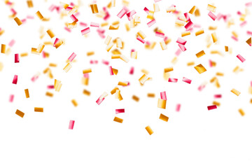 Colored confetti falling from the sky represents celebration on isolated white background