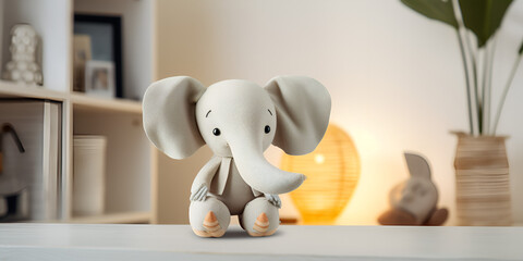 Cute elephant toy on a small bed, indoors, playing fun.