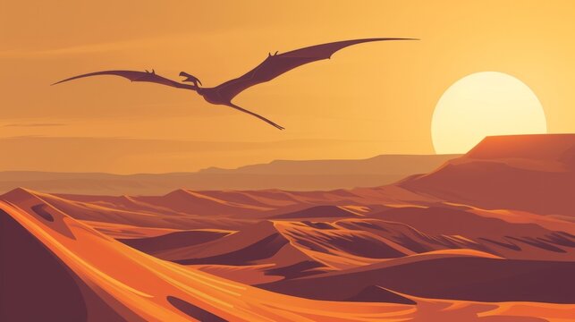 The desert sky is filled with the soaring Pterodactylus its wingspan casting a shadow over the seemingly endless sand dunes.