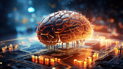 An artistic depiction of the human brain in a futuristic digital landscape,  merging neural complexities with technological advancements - obrazy, fototapety, plakaty