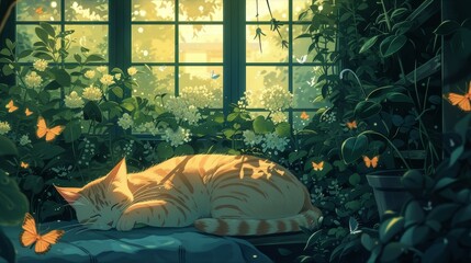 Anime-style illustration of a cute orange cat sleeping in a butterfly garden