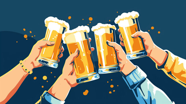 Illustration of a group of people are holding beer glasses in their hands and toasting them, in the style of flat background.