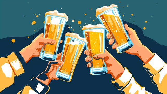 Illustration of a group of people are holding beer glasses in their hands and toasting them, in the style of flat background.