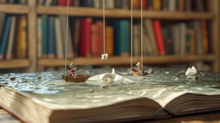Cartoon scene At the Lilliputian Library mini bookworms are diving into their favorite stories while floating on paper boats in a miniature pool of ink. One adventurous