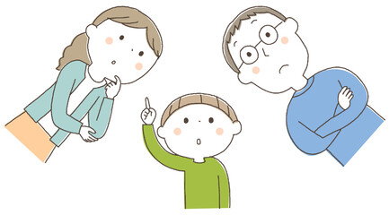 上を見上げる親子