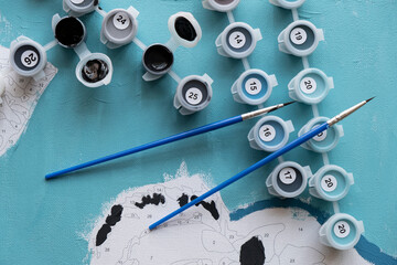 paints for drawing by numbers in blue and turquoise tones
