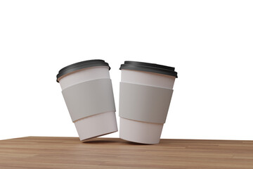 two empty white coffee cup on wooden table isolated on transparent background