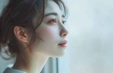 Fototapeta premium 窓辺の日本人女性。AI生成画像