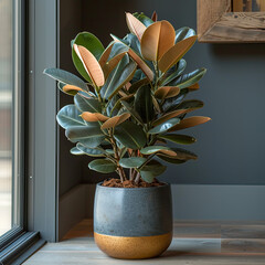 Sleek Green: Rubber Plant in Art Deco Stand