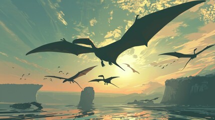 A group of Pterodactyls soar overhead their impressive wingspan casting shadows on the waters surface.
