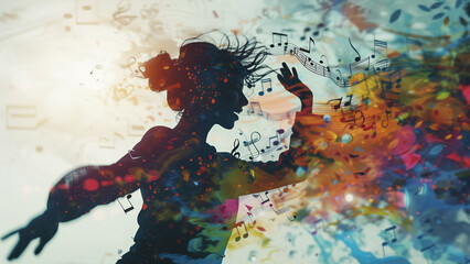 Silhouette of Dancer in Dynamic Double Exposure with Music Notes