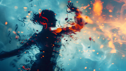 Silhouette of Dancer in Dynamic Double Exposure with Music Notes - 728937226