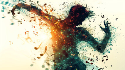 Silhouette of Dancer in Dynamic Double Exposure with Music Notes - 728937227