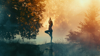 Yoga Harmony Serene Silhouette Amidst Nature's Embrace