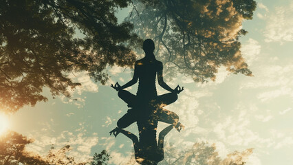 Yoga Harmony Serene Silhouette Amidst Nature's Embrace - 728937232