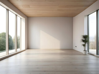 empty living room with white walls and large windows. house without furniture. clear lighting. daylight.