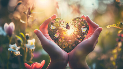Love and Connection Hands Holding Heart with Nature - 728937245