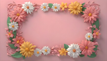 Fototapeta na wymiar Origami style flower frame. white, yellow, pink flowers and leaves. pink background. feminine, delicate illustration