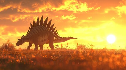 A Stegosaurus stretches out its spiky tail its silhouette ly visible in the early morning light. - obrazy, fototapety, plakaty