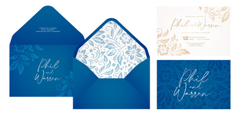 wedding invitations set with blue envelope and floral designs isolated color backgrounds for Stationery, Layouts, collages, scene designs, event flyer, Holiday celebration cards papers printing covers