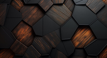 background image of a textured wall with wooden geometric polygonal shapes protruding out in a 3d high-end wall art installation - obrazy, fototapety, plakaty