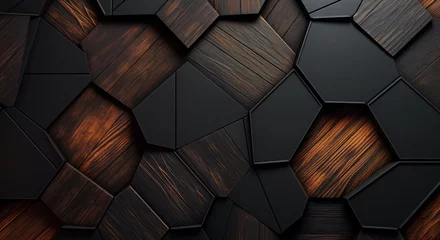 Fotobehang background image of a textured wall with wooden geometric polygonal shapes protruding out in a 3d high-end wall art installation © Randall