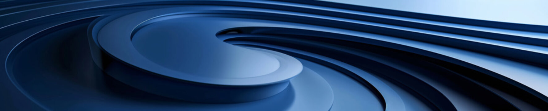 A digitally created image featuring smooth, sleek blue concentric structures swirling inward, depicting motion and modernity.