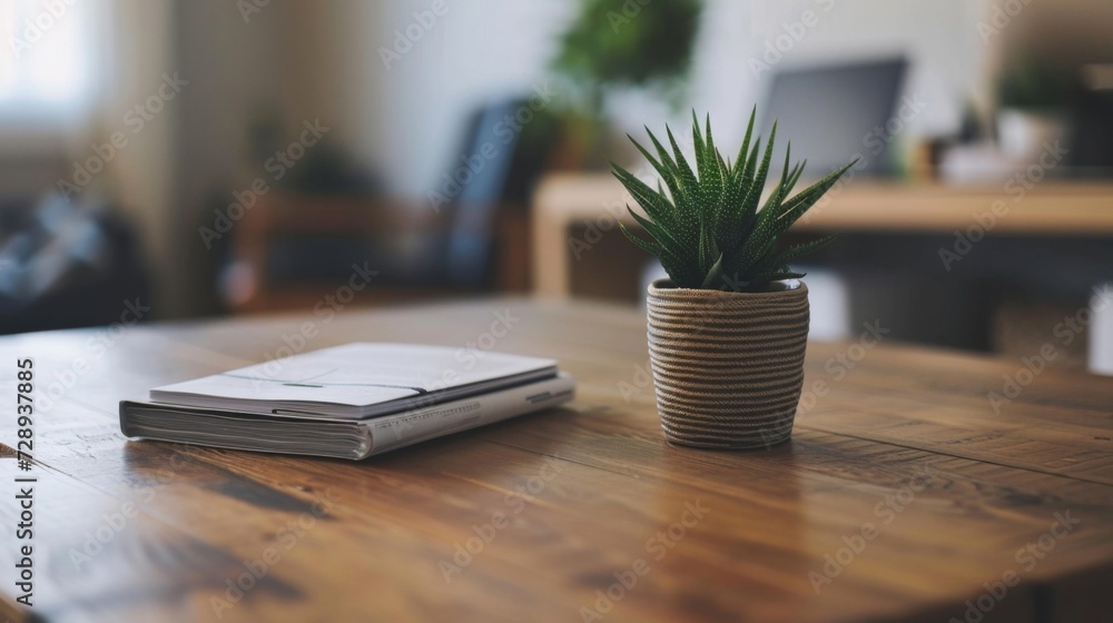 Poster a closeup of a wooden desk with a single potted plant and a neat stack of papers showcasing the bala