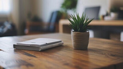 A closeup of a wooden desk with a single potted plant and a neat stack of papers showcasing the balance between function and simplicity in a minimalist workspace. - obrazy, fototapety, plakaty
