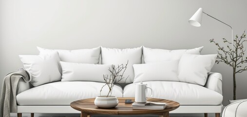 Mock up. White cushion on couch in living room interior