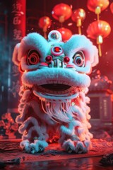 Lion dance costume performing in China, Lunar new year celebration. Generative AI.