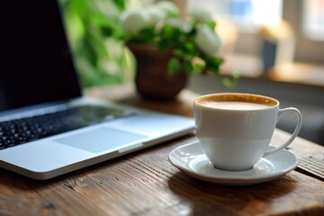 Fototapeta na wymiar Laptop and coffee hot latte cup. Generative AI.