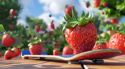 Foto op Plexiglas In a world where strawberries rule the skatepark one berry stands out a the rest. Follow this determined fruit as it conquers the strawberryshaped skateboard ramp with ease © Justlight