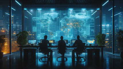 Three professionals analyzing data on futuristic digital screens in a high-tech control room.