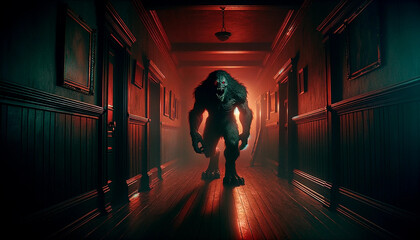 A terrifying beast monster is walking forward in a corridor of a house