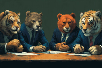 In a surreal twist, four animals, each adorned in tailored suits, gather around a table, engaging in a serious meeting, discussing matters of utmost importance in the animal kingdom - obrazy, fototapety, plakaty