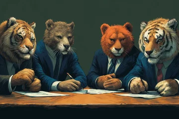 Fotobehang In a surreal twist, four animals, each adorned in tailored suits, gather around a table, engaging in a serious meeting, discussing matters of utmost importance in the animal kingdom © Vivid Verse