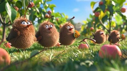Poster Cartoon scene of a group of mischievous kiwis using slingshots to protect their precious orchards from pesky birds trying to sneak a bite. © Justlight