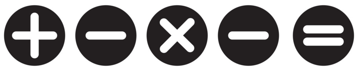 Obraz premium mathematical icon. math calculations addition, division, subtraction, multiplication, plus minus button symbol set. mathematical calculator education vector in black and white. Eps10.