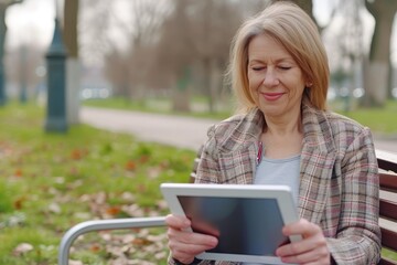Fototapeta premium Mature woman sitting on a bench in the park and using tablet