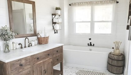 Fototapeta na wymiar Bathroom with Light Bright Interior with Farmhouse Rustic Decor